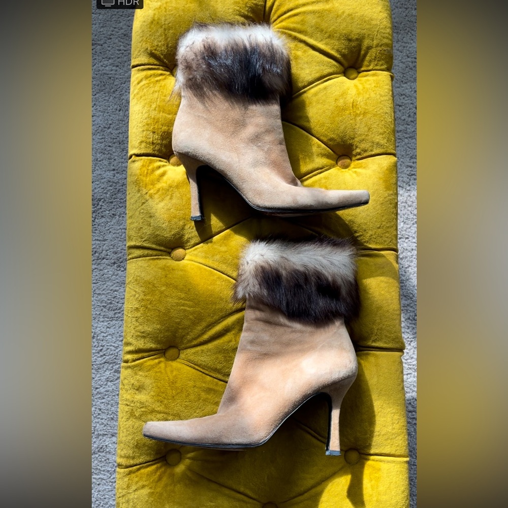 Stuart Weitzman Tan Suede Ankle Boots Faux Fur Trim Size 7.5